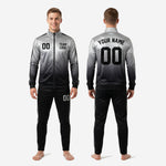 Custom gradient soccer tracksuit mens full 2-piece set in black and silver with sublimated print