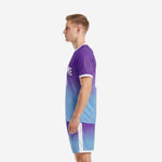 Custom gradient soccer uniform in Royal Purple and Sky Blue with full-dye sublimation print and white contrast trim