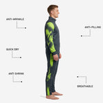 Detail of custom graphite neon green soccer track pants showing side splash panel and player number print on right thigh