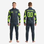 Back view of custom graphite and neon green mens custom tracksuit set showing player name arc and back number on full-zip jacket