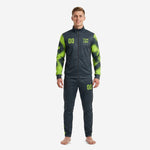 Custom graphite and neon green mens custom tracksuit set, full-zip jacket and tapered pants, front view with team logo and number print on chest