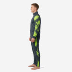 Right-side view of mens custom tracksuit set in graphite and neon green showing stand collar, ribbed cuffs, and zip pocket on jacket