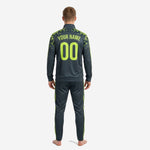 Custom graphite and neon green soccer tracksuit jacket detail showing stand collar, full-length zip, and sublimated shoulder graphic