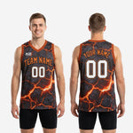 Size and spec chart for custom gray and orange basketball jersey showing youth and adult size run dimensions