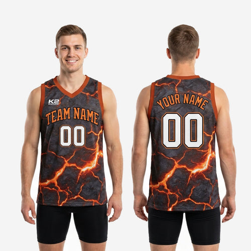 Size and spec chart for custom gray and orange basketball jersey showing youth and adult size run dimensions