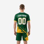 Custom green soccer jersey front detail showing team name chest print, front number, and white crew-neck trim
