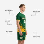 Custom Athletic Gold and Forest Green soccer shorts detail showing sublimated splash print and player number on leg