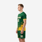 Custom green and gold soccer uniform right side view showing diagonal texture on Forest Green jersey body and sublimated shorts