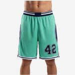 Custom green and white basketball shorts with navy curved side panels, white trim, and sublimated number 42 on the front left thigh