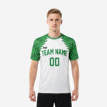 Custom Kelly Green and White green soccer jersey team kit with feather wing sleeve graphic and team name on chest, front view, male model