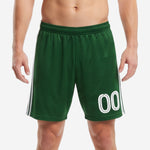Custom green and white soccer shorts with white player number 00 on lower left leg, forest green body, men's athletic cut