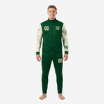 Custom green and white soccer tracksuit front view showing Forest Green full-zip jacket with Off-White marble-splash sleeves and matching tapered pants on male model