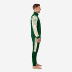 Custom green and white soccer tracksuit left side view showing Off-White marble-splash sleeve panel and matching side stripe on pant leg