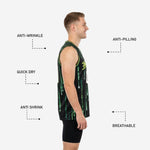 Back view of custom green basketball jersey designs showing back player name arc and large back number on digital code patterned black fabric