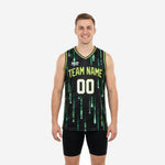 Custom green basketball jersey designs in black with full-bleed neon-green digital code pattern, team name arc and front number 00, worn by adult male model