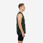 Side view of custom black and neon-green basketball jersey showing digital code pattern continuing across the side panel and bound armhole trim