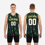 Size and specification chart for custom green basketball jersey designs showing youth and adult sizing measurements