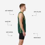 Back view of custom green basketball jersey showing back number and player name placement in gold and white sublimated print