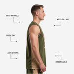 Back view of custom green basketball jersey showing player name above large back number in tan-gold with black outline