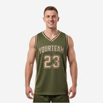 Custom green basketball jerseys in olive and tan-gold with arched team name and bold front number 23, front and back view