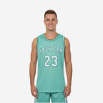 Custom green basketball jerseys with white side panels, arched team name and front number sublimated on mint green polyester mesh, front and back view