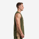 Male model wearing custom olive green basketball jersey with tan-gold side panels, black V-neck trim, and large front number 23