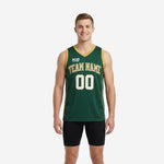 Custom green basketball jerseys with gold V-neck binding, arced team name, and front number 00 on male athlete, front view