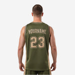 Opposite side view of olive green basketball jersey with tan-gold side panel and double-stripe armhole trim detail