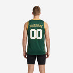 Right side view of custom green basketball jersey with gold trim and straight hem showing jersey length