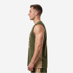 Side view of custom green basketball jersey showing tan-gold rib panel, black armhole binding, and tuck-in length hem