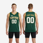 Size and spec chart for custom green basketball jerseys available in youth and adult sizing