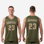 Size and specification chart for custom green basketball jerseys available in youth and adult sizing
