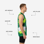 Back view of custom green basketball jersey showing back number placement and full-coverage paint-splash sublimation across the back panel