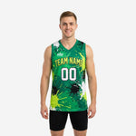 Custom green basketball jerseys with lime green and black paint-splash sublimation design, team name and number 00 on front, men's athletic cut
