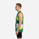 Left side view of custom green basketball jersey showing full-wrap lime green and black splash sublimation pattern across the side panel
