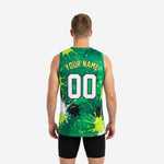 Right side view of custom green basketball jersey displaying paint-splash sublimation print wrapping the armhole and side panel in kelly green and lime green