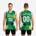 Size chart for custom green basketball jerseys showing youth and adult sizing dimensions for roster ordering