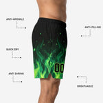 Back view of custom green basketball shorts with sublimated flame print and elastic drawcord waistband for team orders