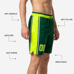 Back view of custom forest green basketball shorts with neon yellow side panels and elastic waistband in matching yellow