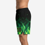 Custom green basketball shorts with full sublimated flame print rising from hem to hip in neon green and black, player number 00 on front leg