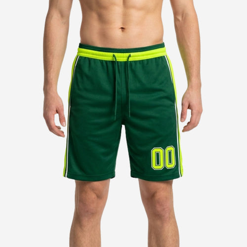 Custom green basketball shorts with neon yellow side panel and white stripe, player number 00 on left thigh, forest green body, front view