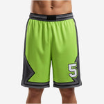 Custom green basketball shorts with charcoal geometric side panels and white front number, front view on male model