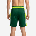 Size and specification sheet for custom green basketball shorts showing youth through adult size run and construction details