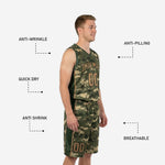 Back view of custom green basketball uniform showing sublimated back player name and number on digital olive green camo jersey