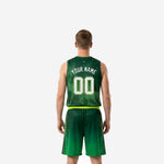 Back view of custom green basketball uniform set with back number and player name print zones on forest green jersey