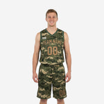 Custom green basketball uniform front and back showing digital camo pattern with arched team name and number 00 on olive green jersey and matching shorts