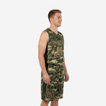 Front view of custom green basketball uniform in digital olive and tan camo with V-neck jersey and player number 00 on matching camo shorts