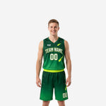 Custom green basketball uniform full set front view, forest green jersey with neon yellow-green comet graphic and matching shorts on male model