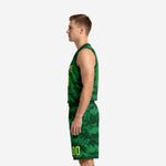 Opposite side view of green and lime sublimated basketball jersey and shorts showing camo pattern and armhole binding