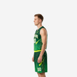 Opposite side view of sublimated green basketball uniform set showing star-burst accents on jersey and shorts leg
